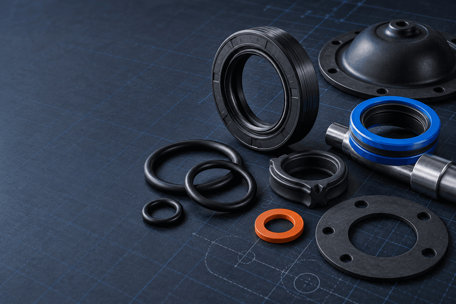 Illustrative arrangement of precision O-rings, lip seals, a flange gasket and molded diaphragm